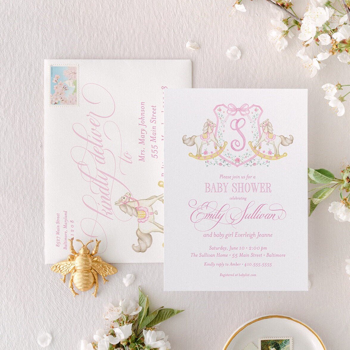 Rocking Horse Baby Shower Invitation: Pink Monogram Crest printed invitation