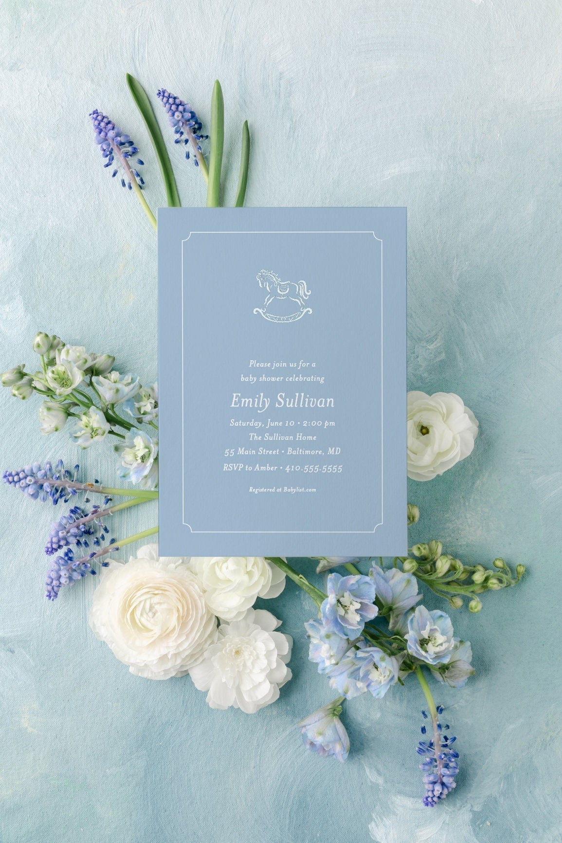 Classic blue rocking horse digital baby shower invitation
