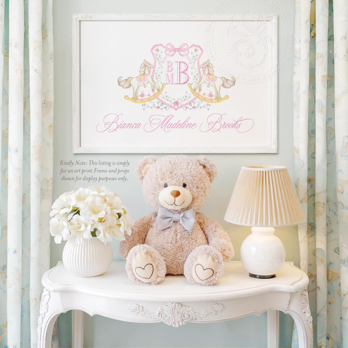 Rocking Horse Monogram Crest: Baby Girl Nursery Art Print - image 2