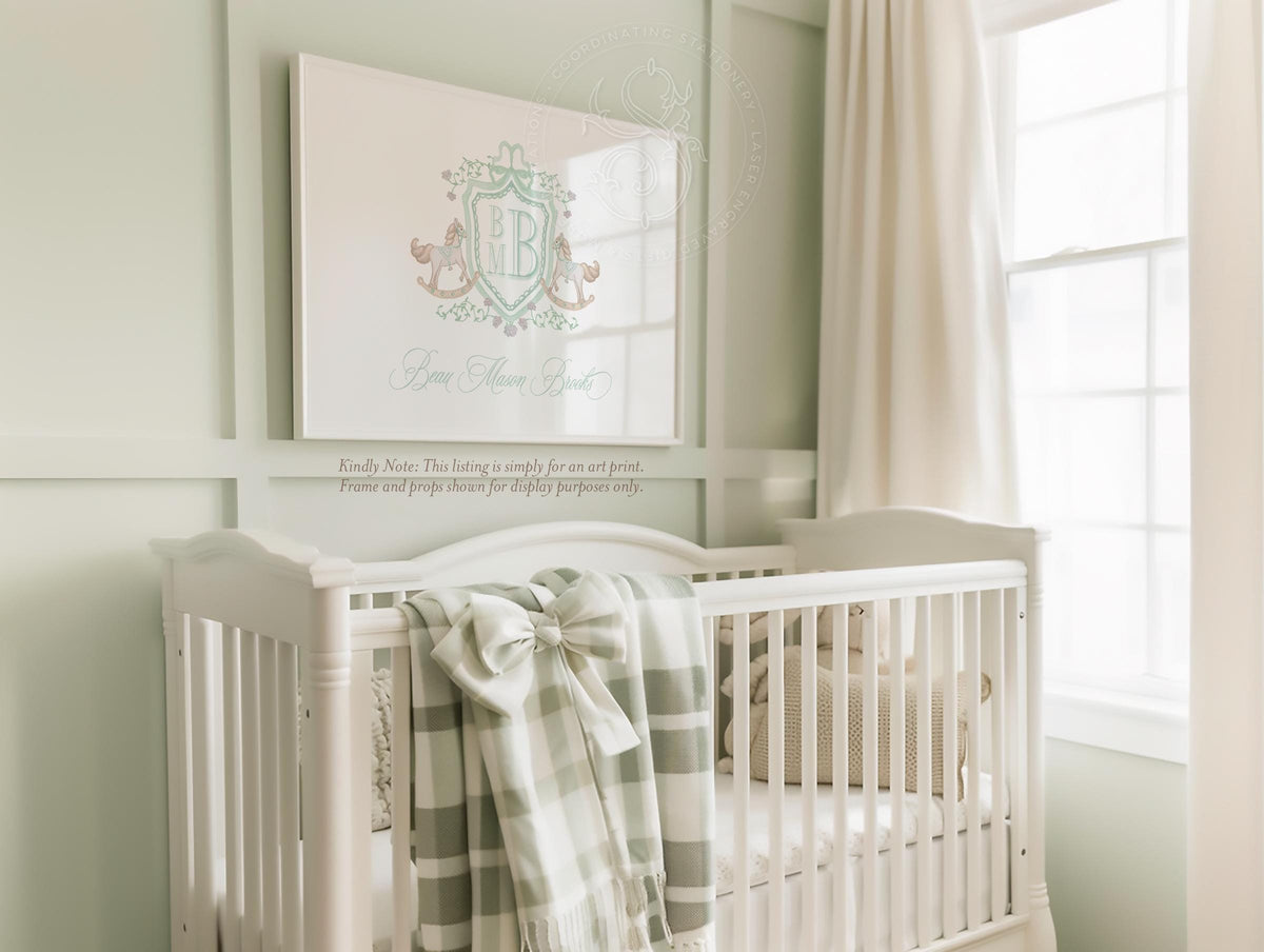 Rocking Horse Nursery Print | Sage Green Grandmillennial Baby Boy Monogram - image 1