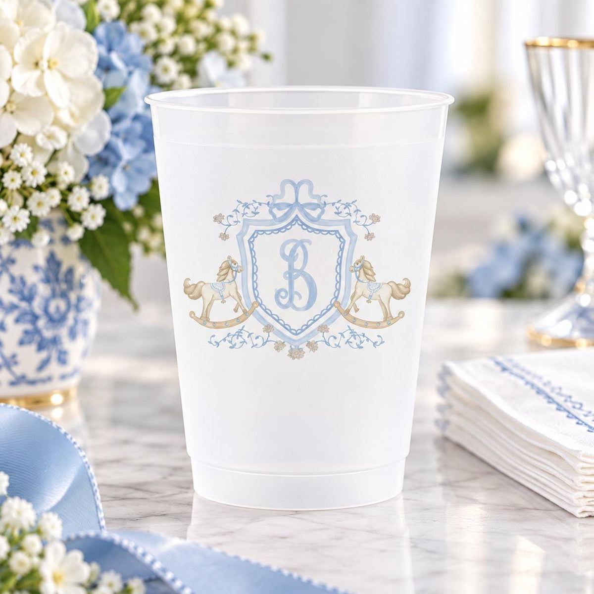 Rocking horse personalized frosted party cups for baby boy shower