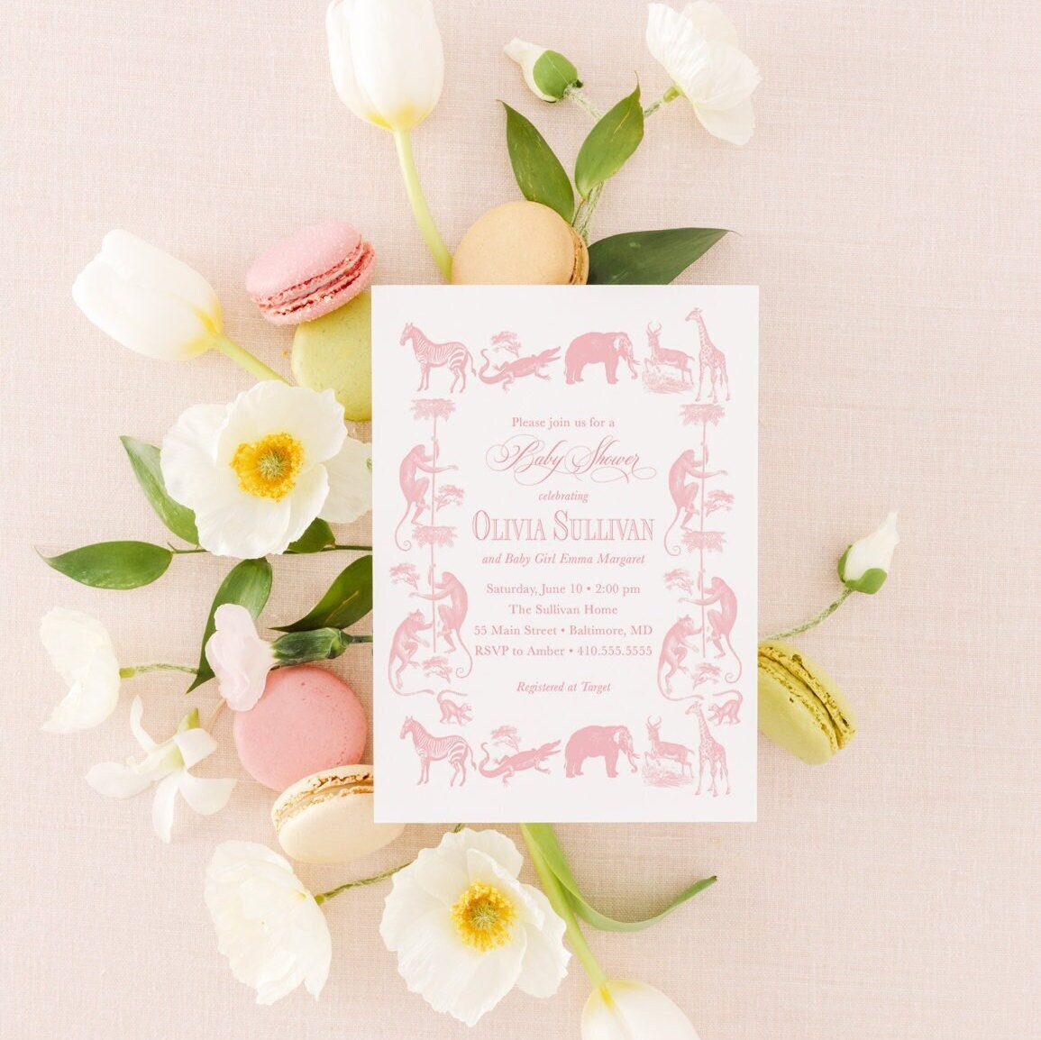 Safari Animals Baby Shower Invitation: Pink Toile Girl Sprinkle printed invitation