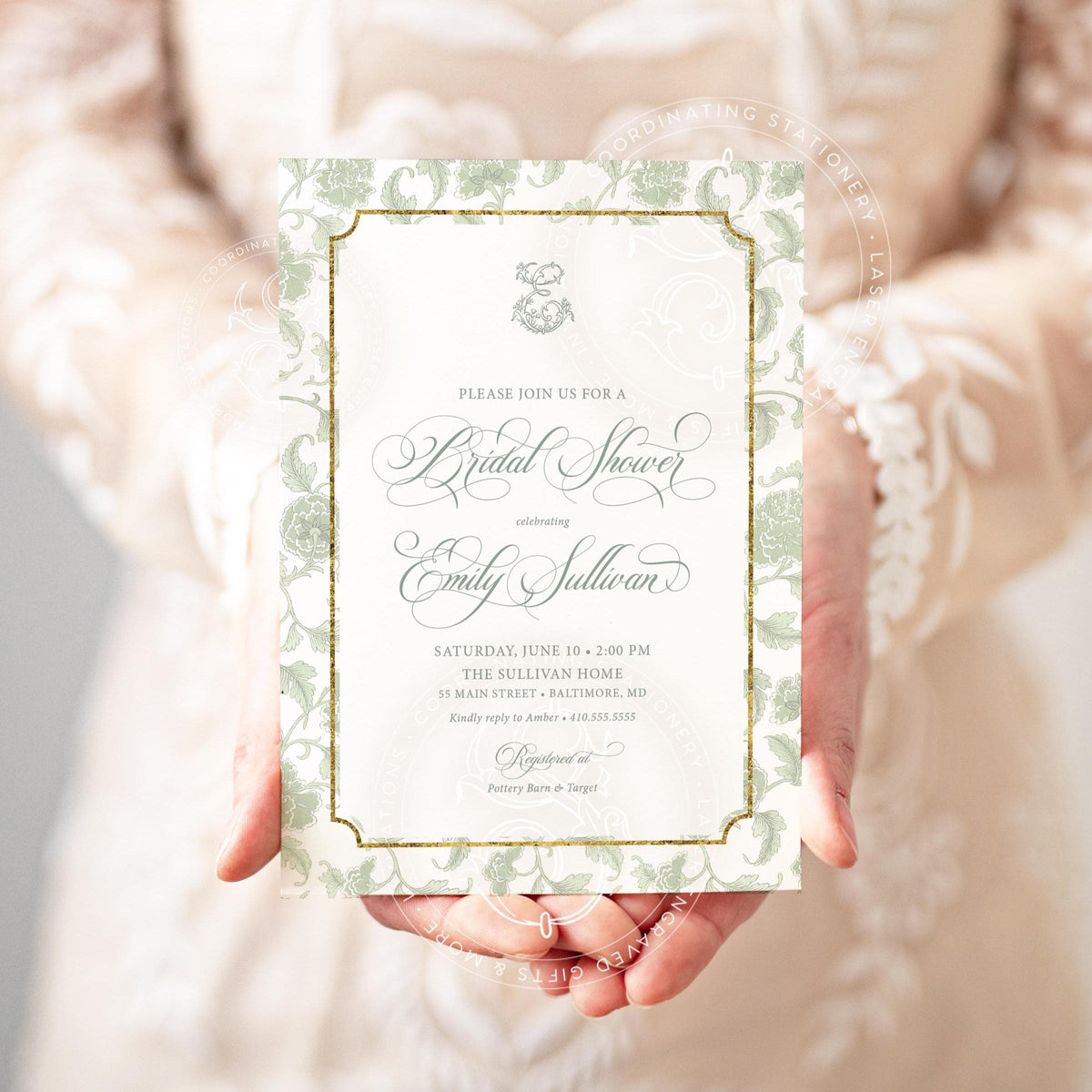Sage green chinoiserie printed bridal shower invitations