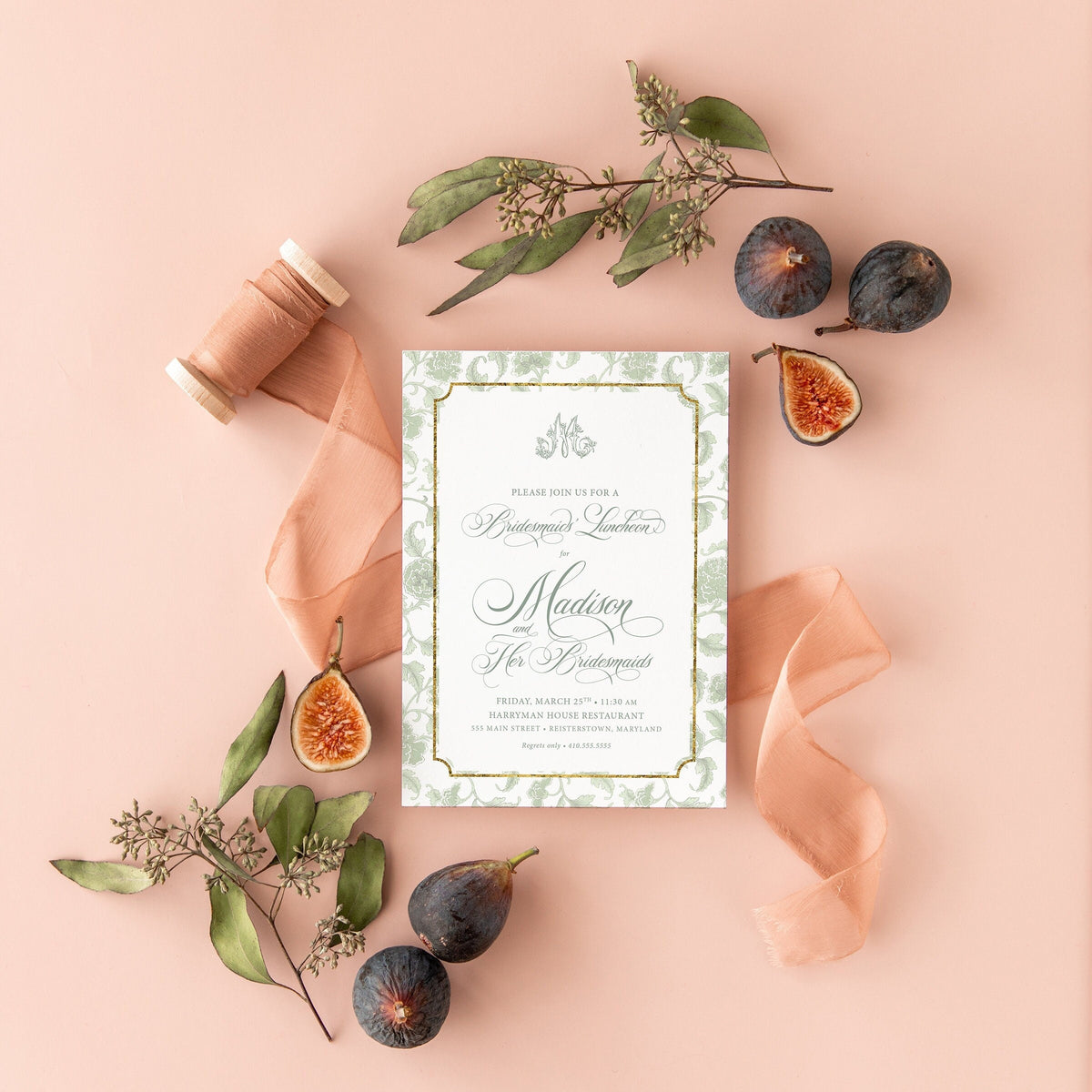 Sage green chinoiserie printed bridesmaids luncheon invitations