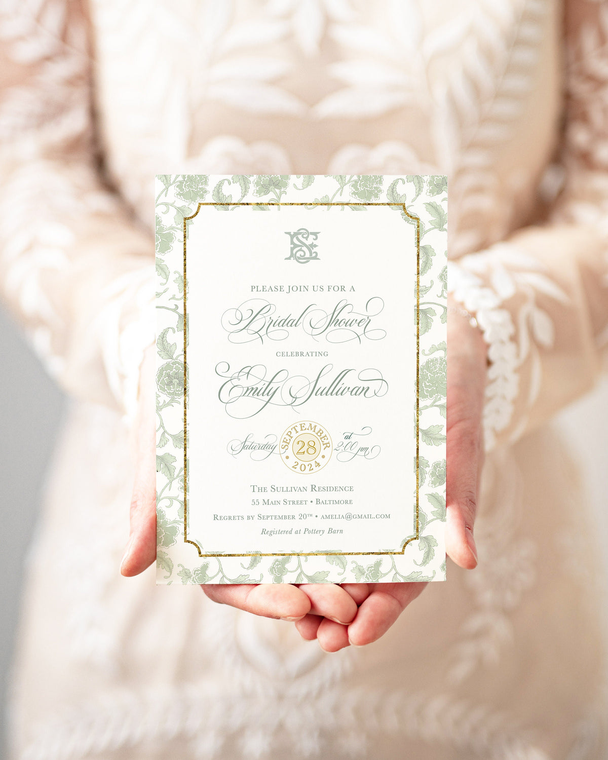 Sage green chinoiserie monogram digital bridal shower invitation