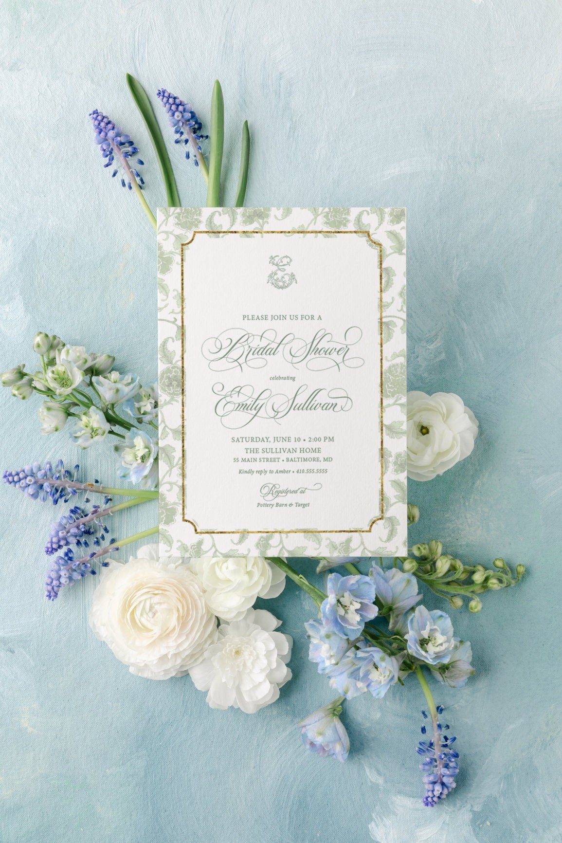 Sage green chinoiserie monogram digital bridal shower invitation