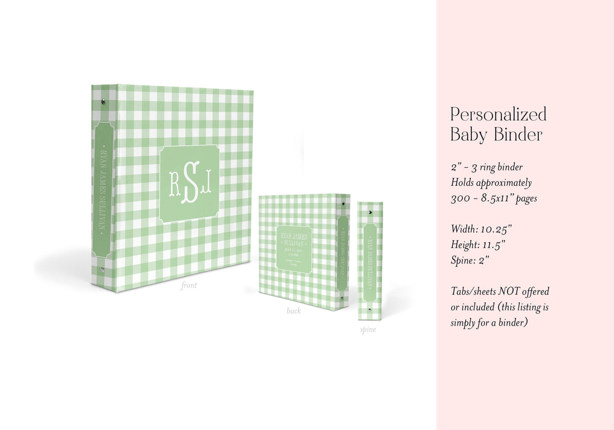 Sage green gingham personalized baby book binder