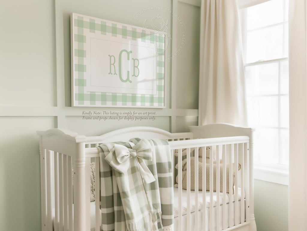Sage Green Gingham Monogram Print: Baby Boy Nursery Art - image 1