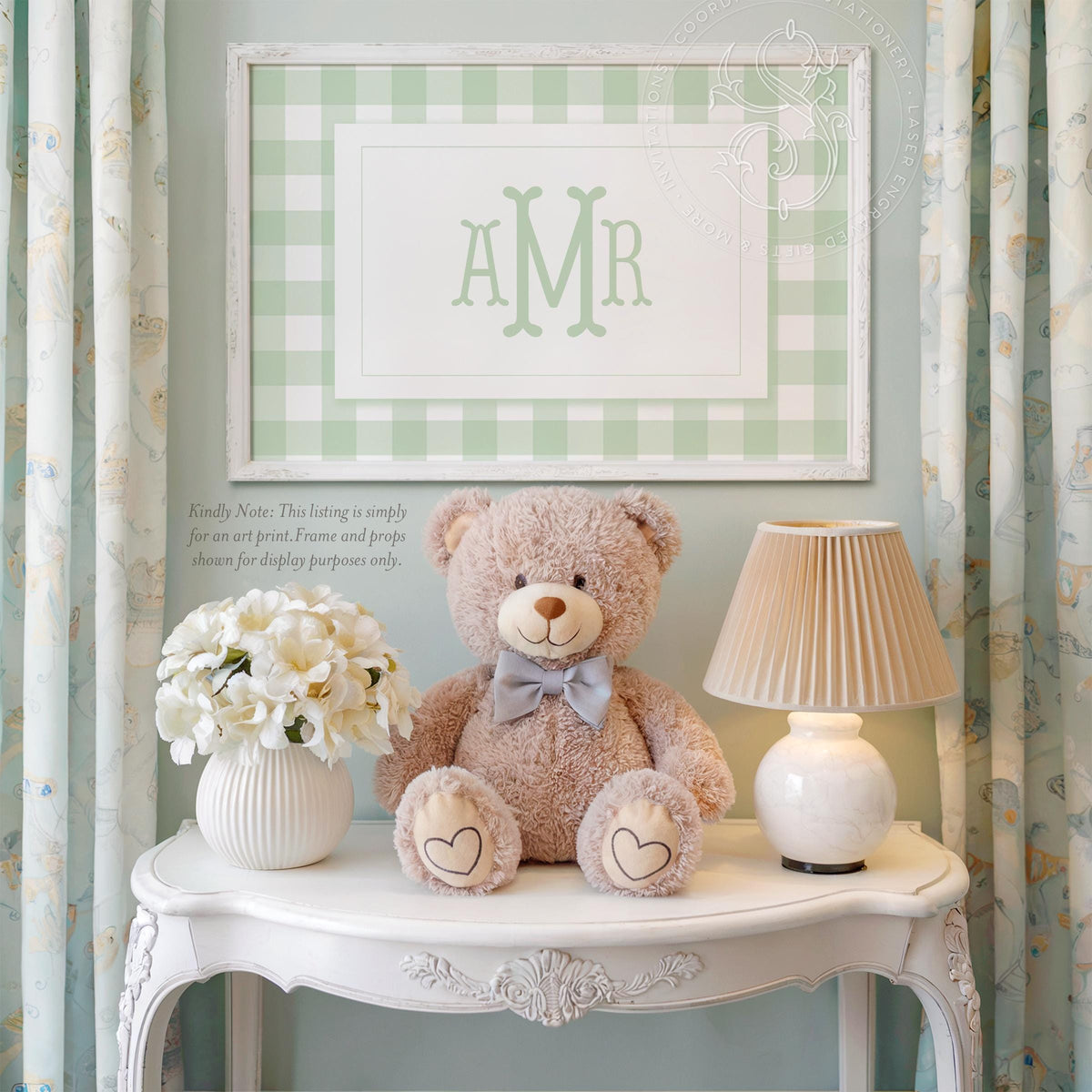 Sage Green Gingham Monogram Print: Baby Boy Nursery Art - image 2