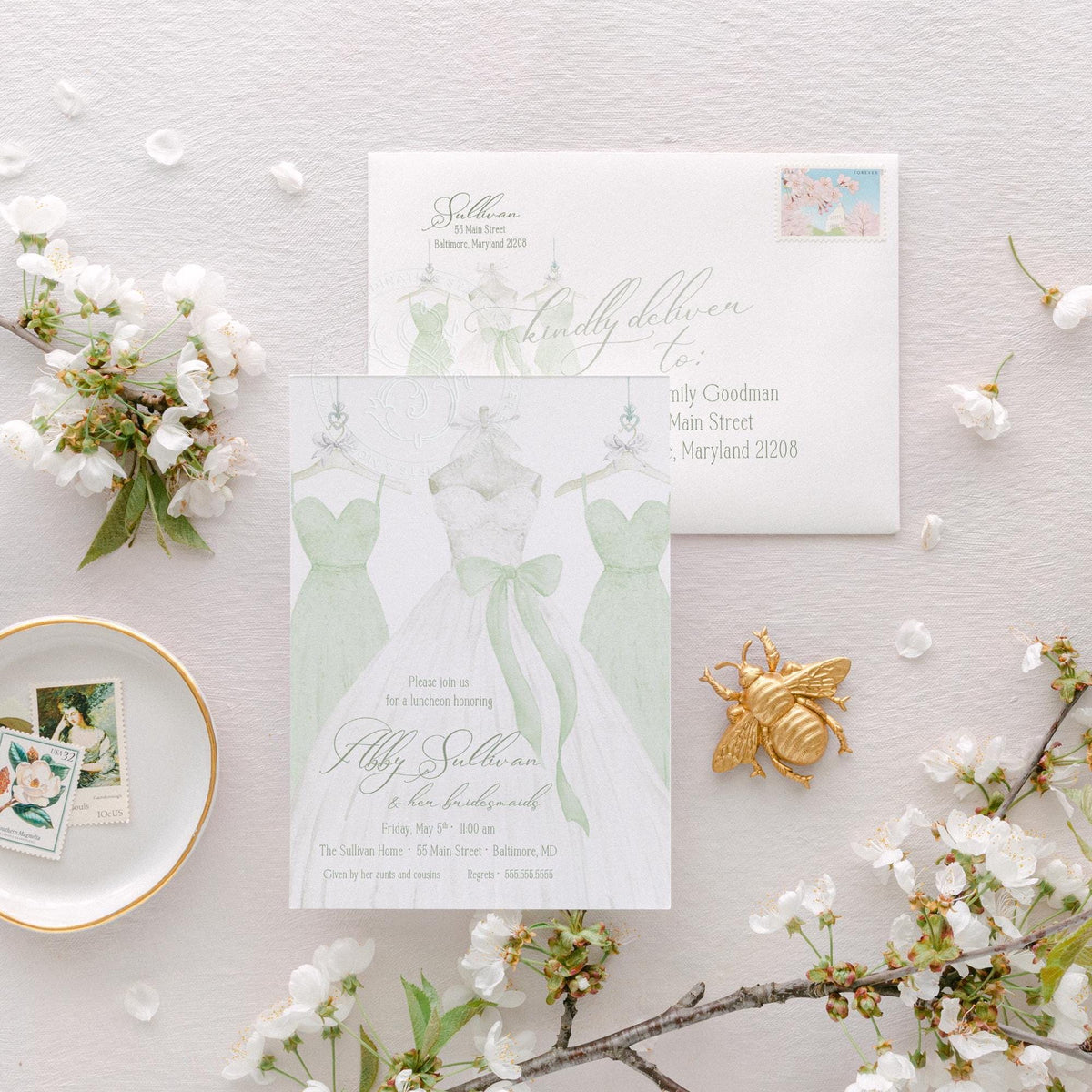 Sage green watercolor gown printed bridal shower invitations