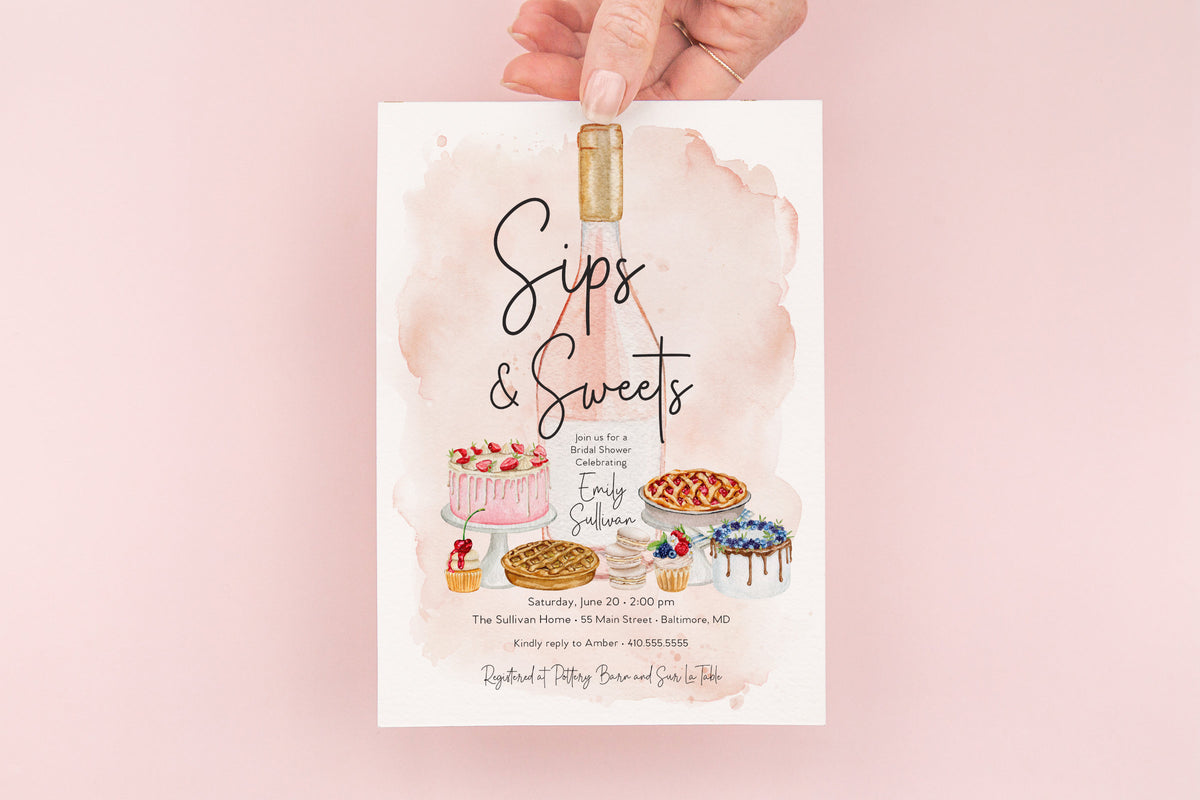 Sips and sweets champagne printed bridal shower invitations