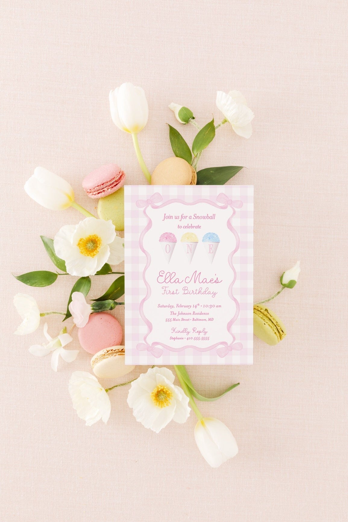 Snowcone Pastel Pink Gingham Bow First Birthday Invitation printed children's birthday invitation
