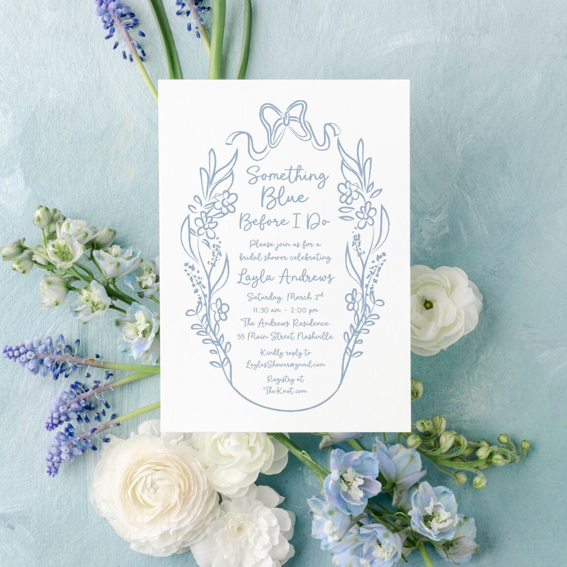 Something blue coquette bow printed bridal shower invitations