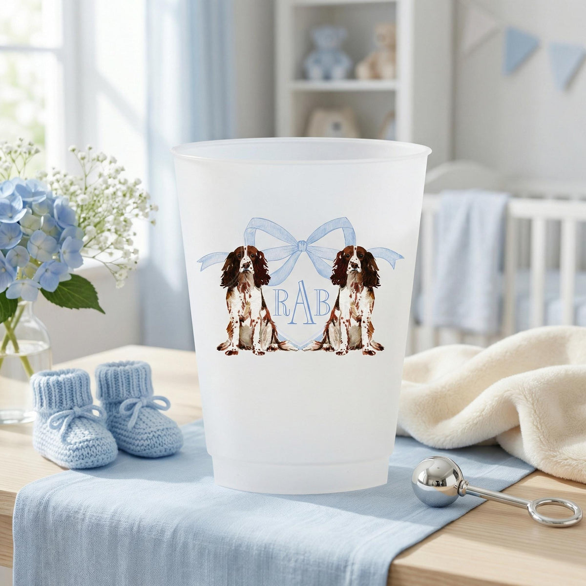 Springer Spaniel blue bow monogram party cups