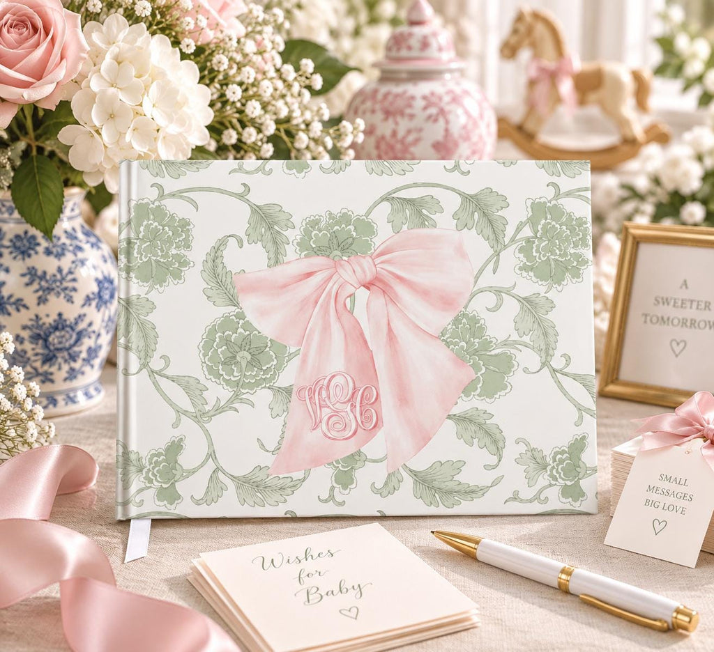Pink Bow & Sage Green Baby Shower Guest Book detail 3
