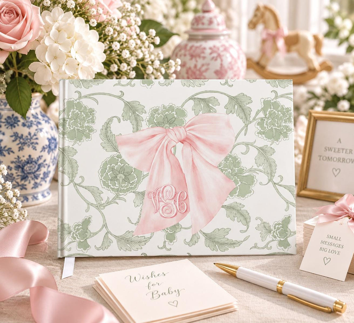 Pink Bow & Sage Green Baby Shower Guest Book detail 3