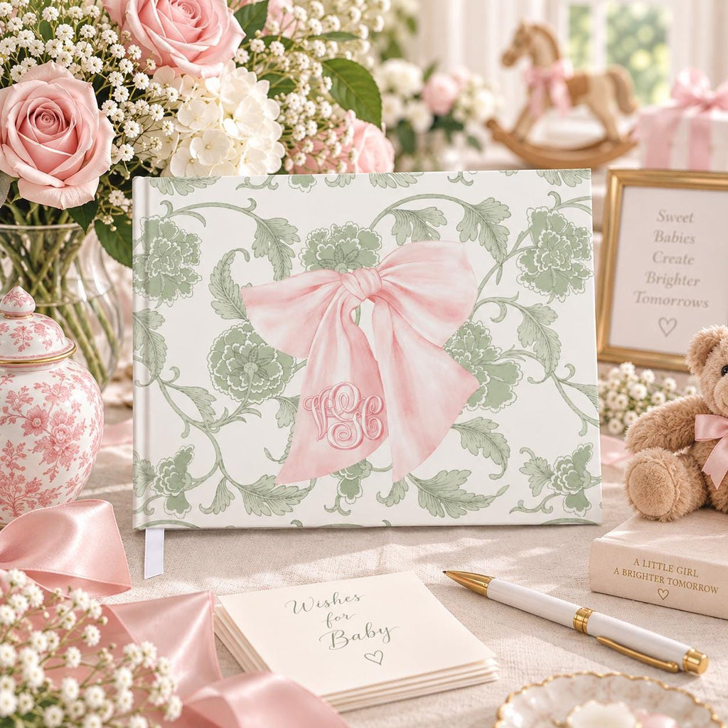 Pink bow and sage green personalized baby shower guest book