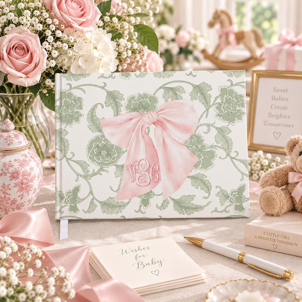 Pink bow and sage green personalized baby shower guest book