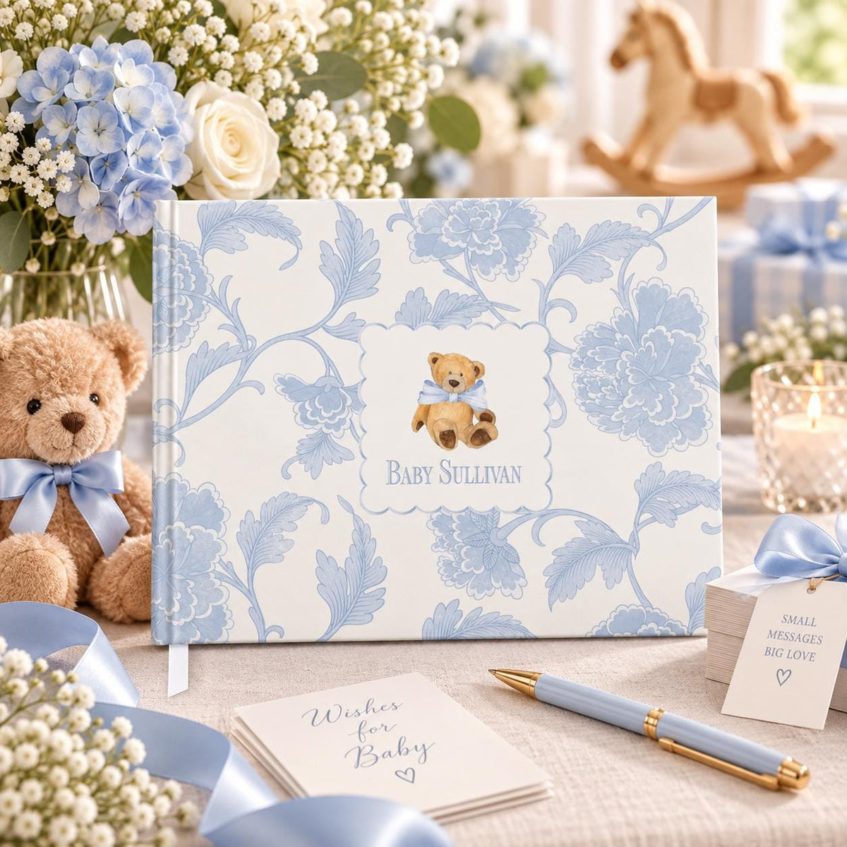 Blue toile teddy bear personalized baby shower guest book