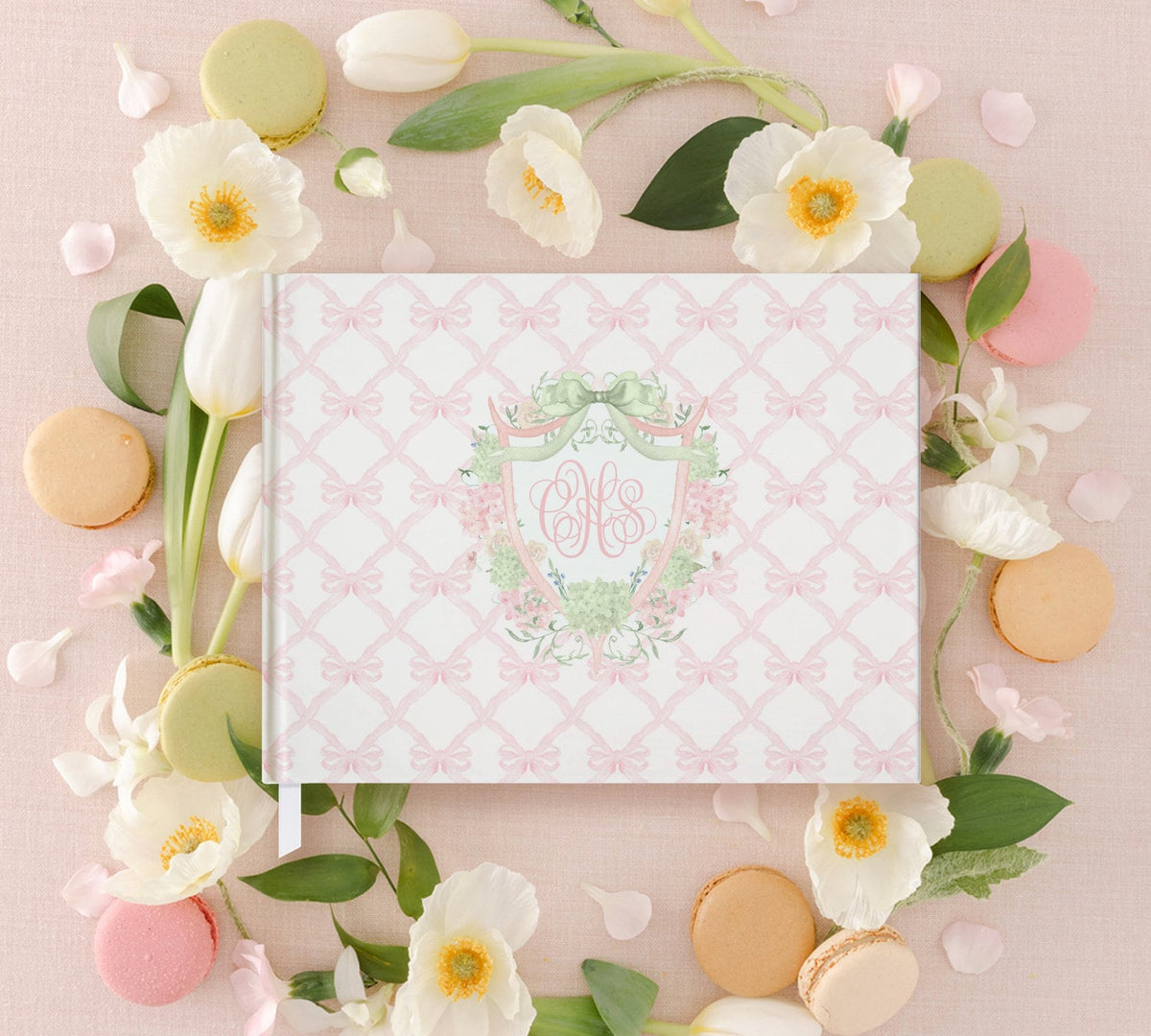 Pink bow wreath monogram baby shower guest book