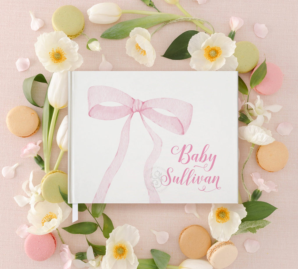 Classic pink bow personalized baby shower guest book