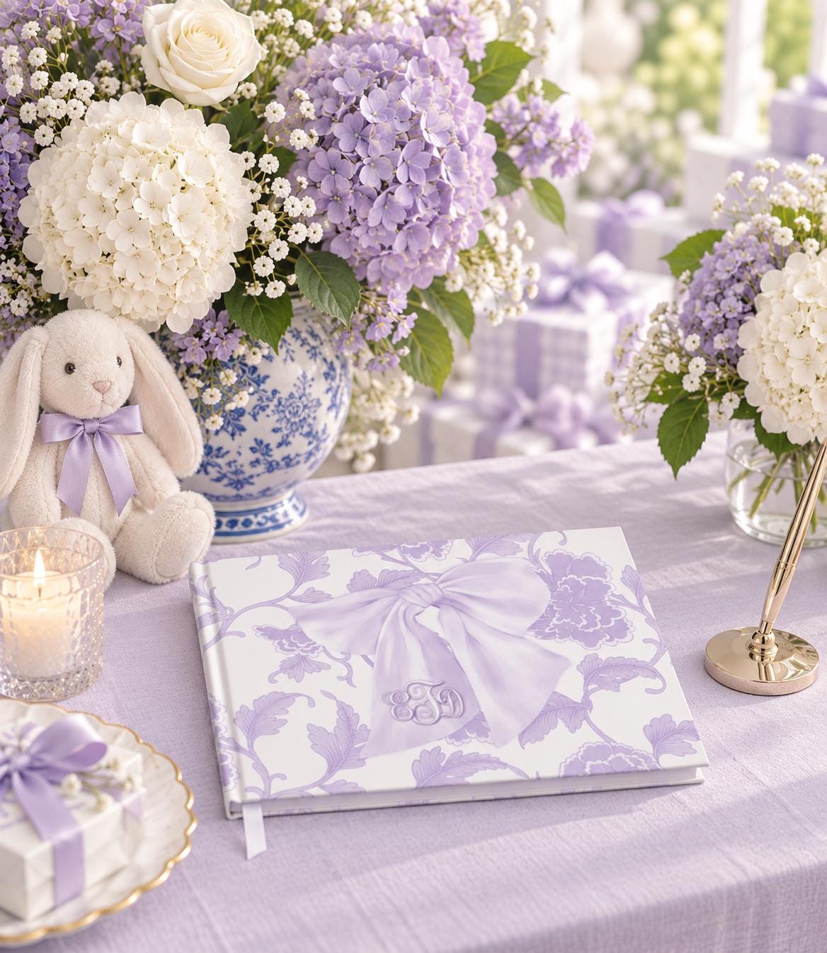 Lilac bow chinoiserie monogram baby shower guest book