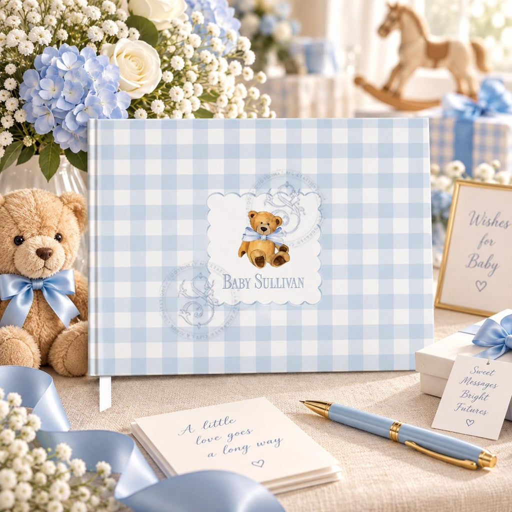 Blue gingham teddy bear personalized baby shower guest book