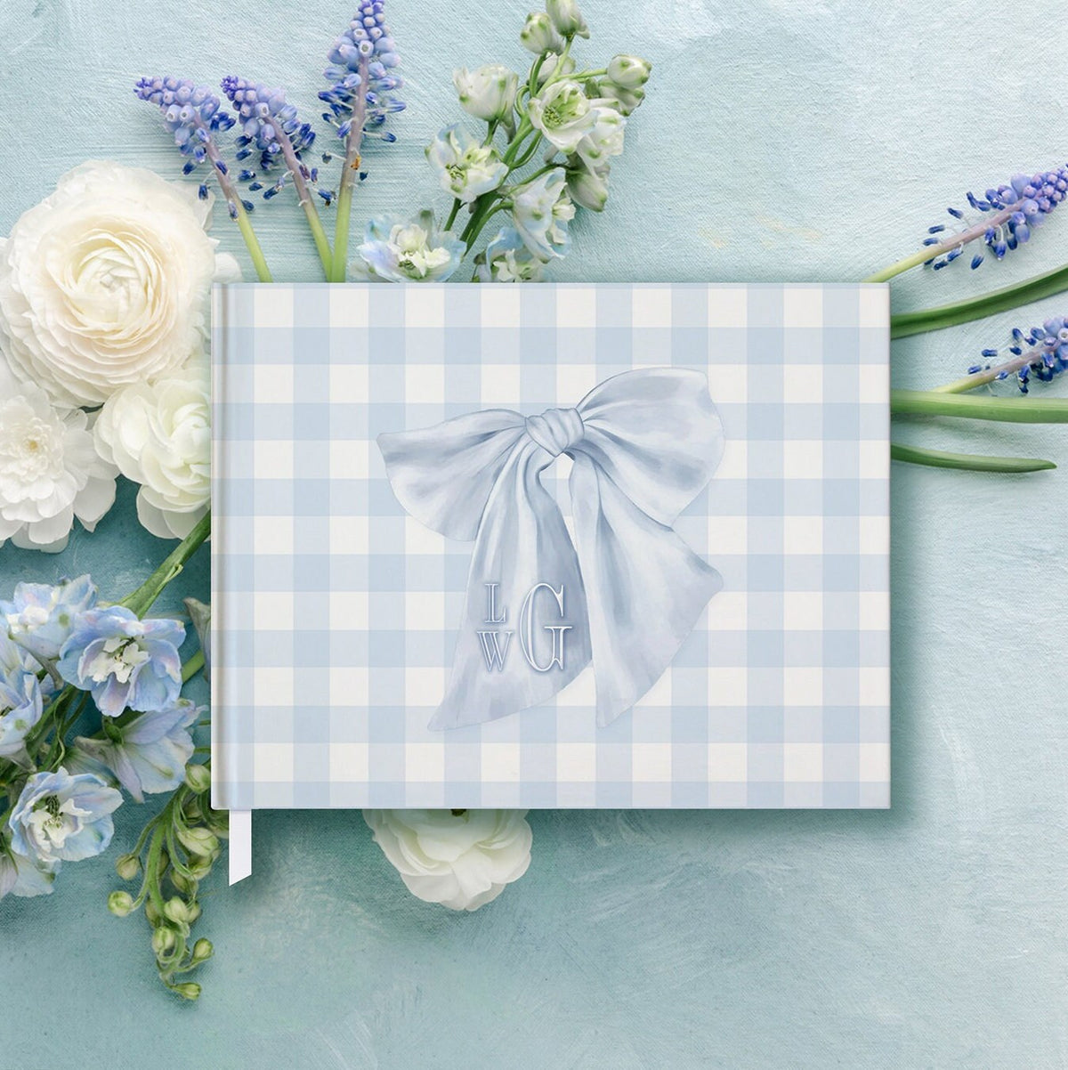 Blue Gingham Bow Monogram Baby Shower Guest Book detail 2