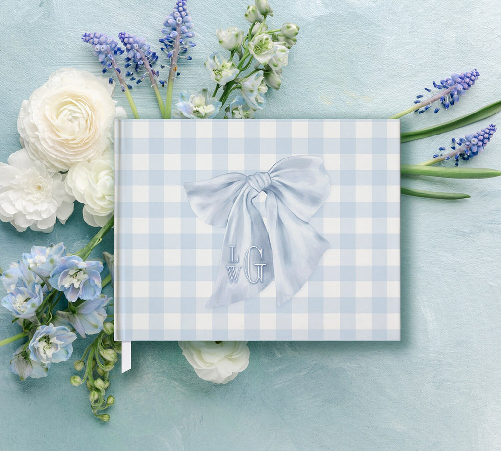 Blue Gingham Bow Monogram Baby Shower Guest Book detail 3
