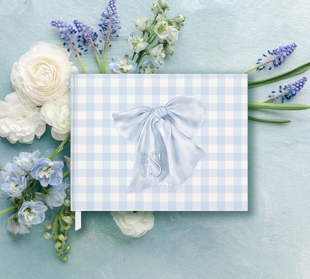 Blue Gingham Bow Monogram Baby Shower Guest Book detail 4