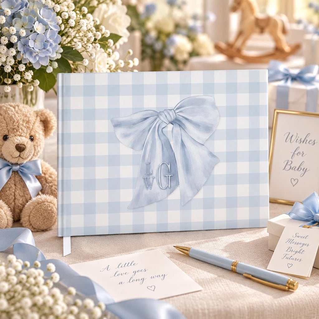 Blue gingham bow monogram baby shower guest book