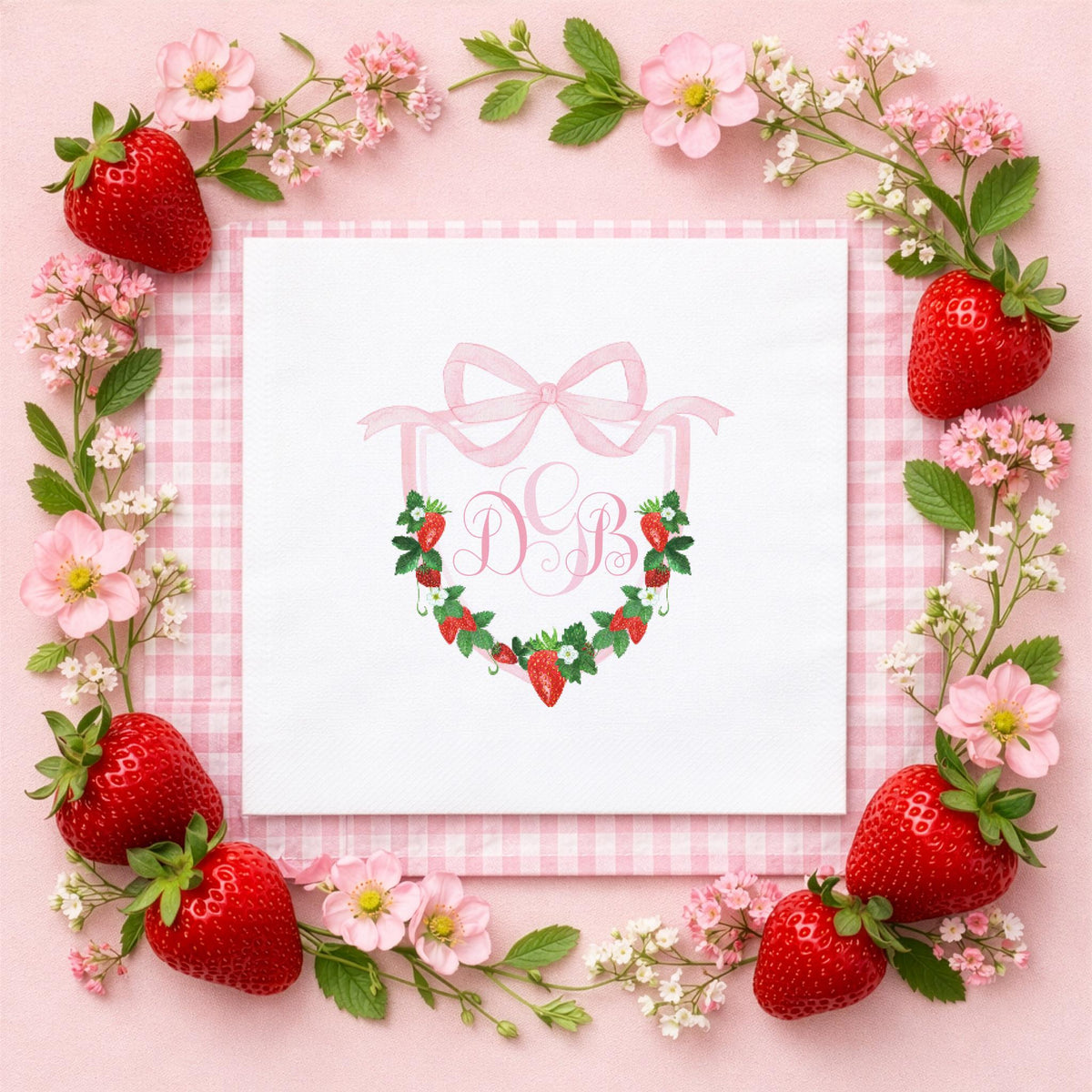 Strawberry Monogram Napkins: Pink Bow Crest, Girl Baby Shower