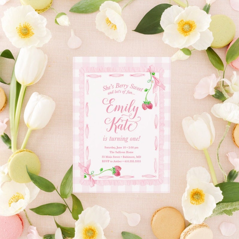 Strawberry Pink Gingham Watercolor Bow First Birthday Invitation printed children's birthday invitation