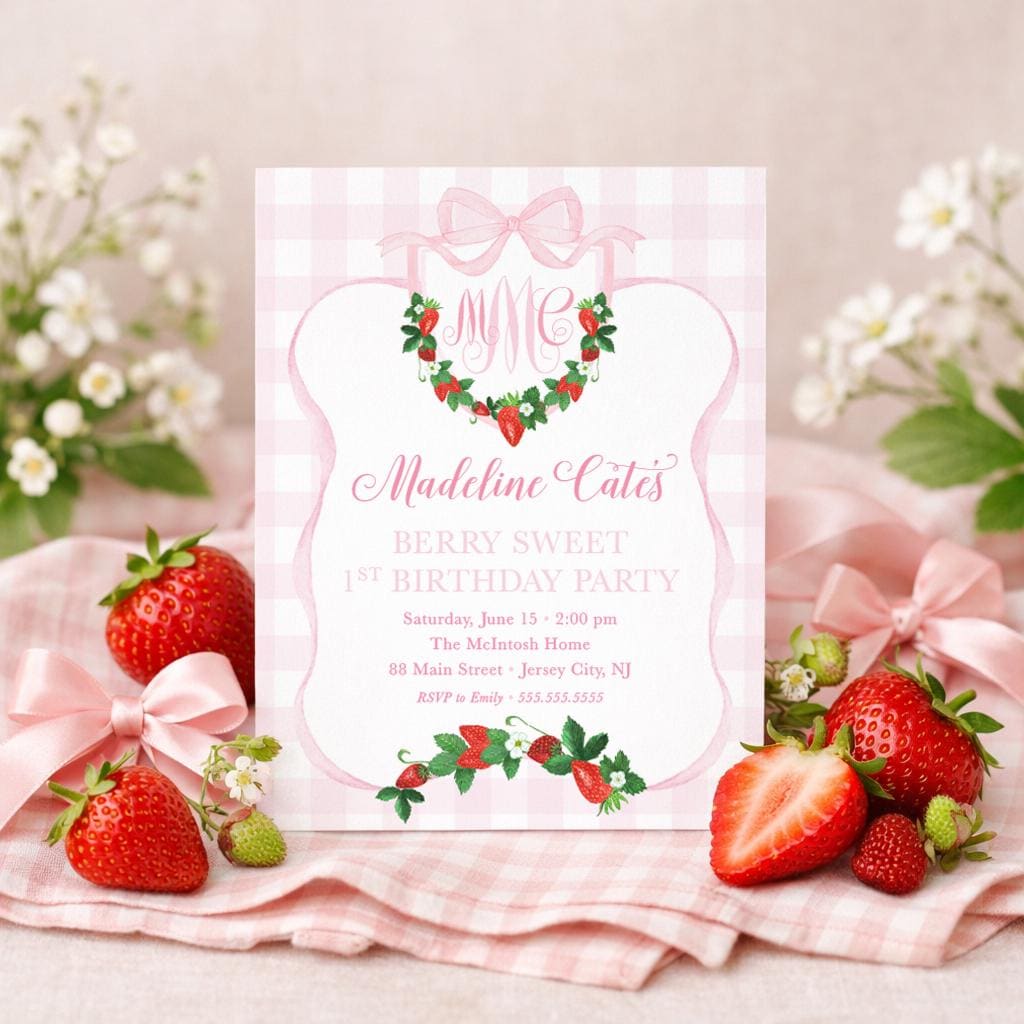 Strawberry Pink Gingham Watercolor Crest First Birthday Invitation printed children's birthday invitation