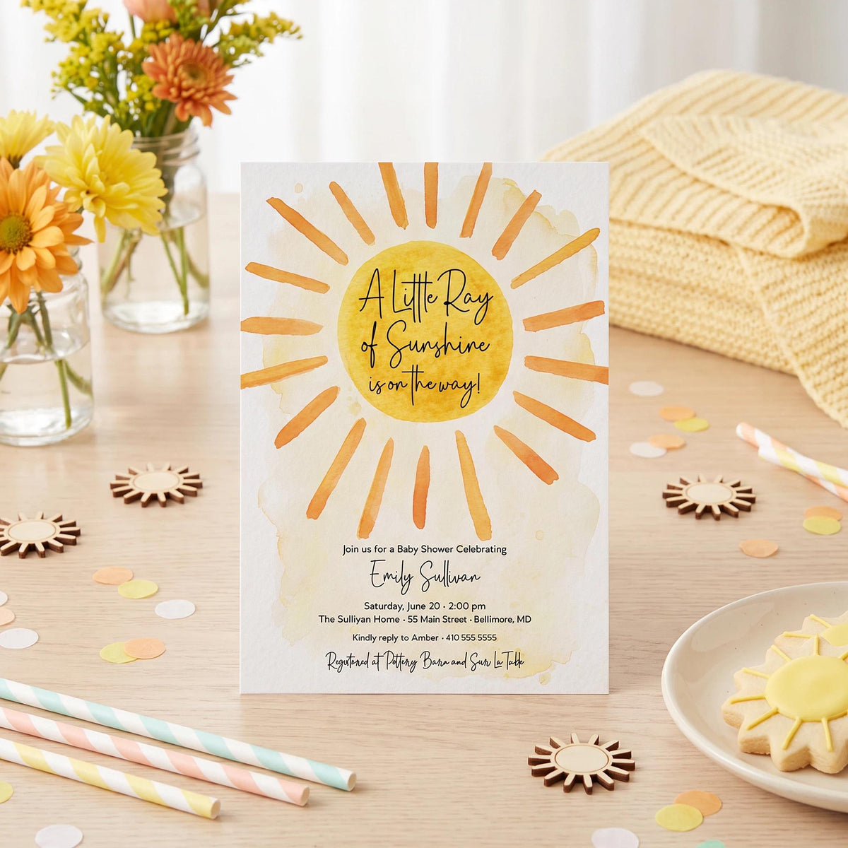 Sunshine Baby Shower Invitation: Boho Watercolor, Gender Neutral printed invitation
