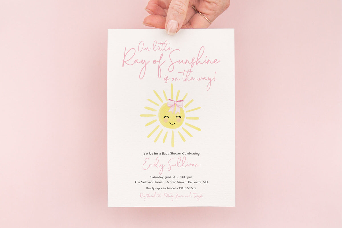 Sunshine Baby Shower Invitation: Pink Girl Invite (Digital File) printed invitation