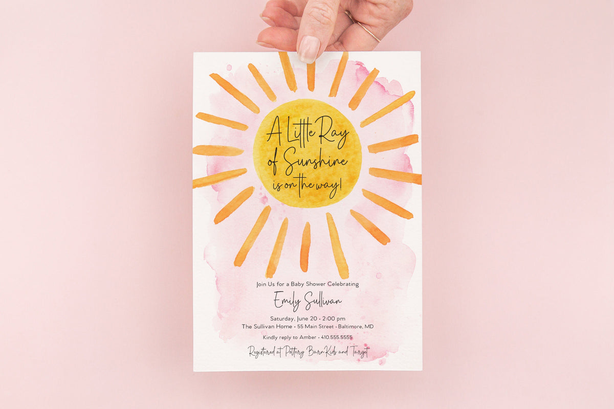Sunshine Baby Shower Invitation: Pink Watercolor printed invitation