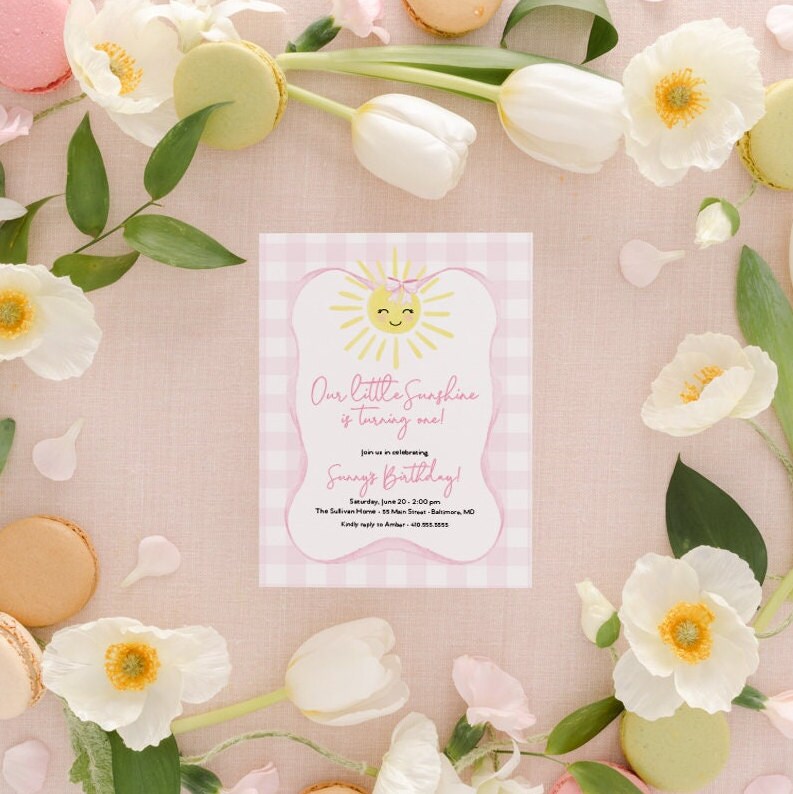 Sunshine Pink Gingham First Birthday Invitation printed children's birthday invitation