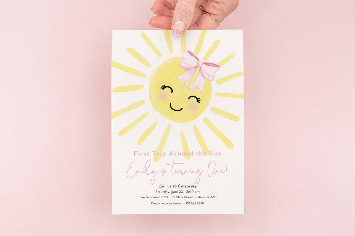 Sunshine Pink Sun First Birthday Invitation printed children's birthday invitation