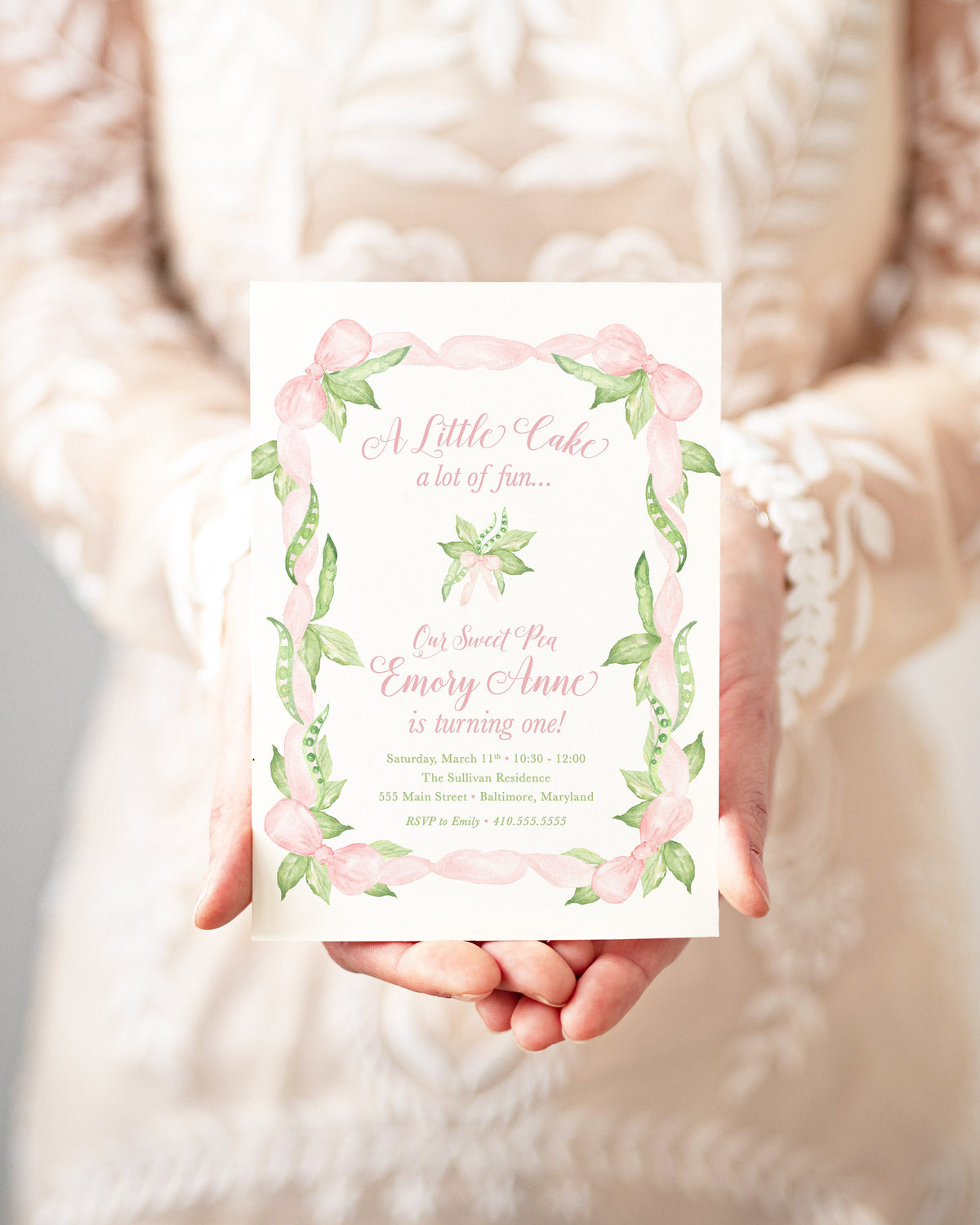 Sweet Pea Pink & Green First Birthday Invitation printed children's birthday invitation