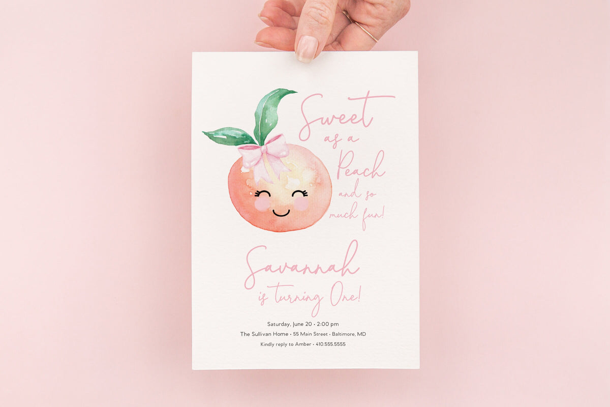 Sweet Peach First Birthday Invitation printed children's birthday invitation