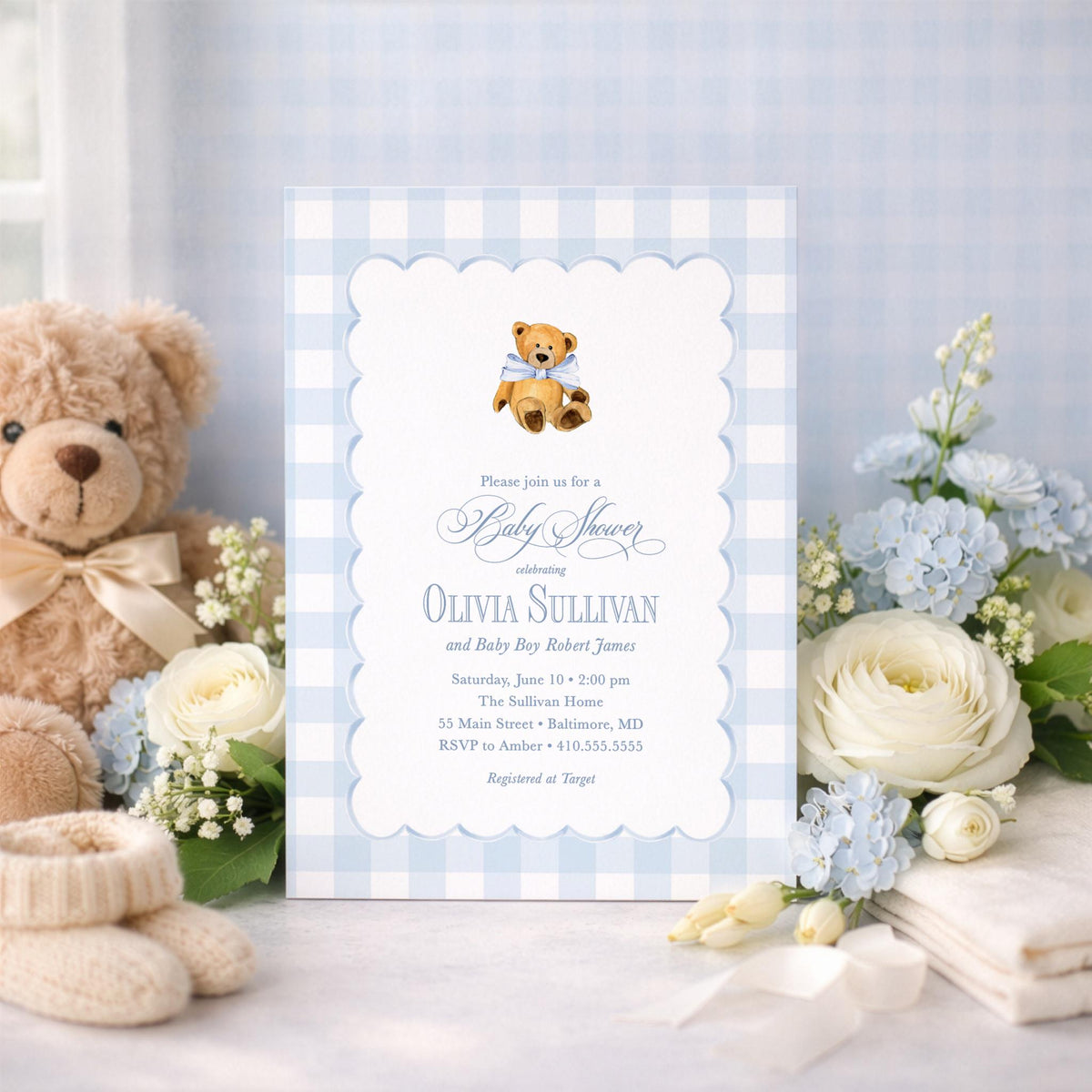 Teddy Bear Baby Shower Invitation: Blue Gingham, Classic Design | Digital File