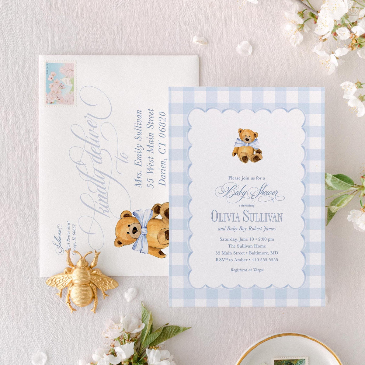 Teddy Bear Baby Shower Invitation: Blue Gingham, Preppy Style printed invitation