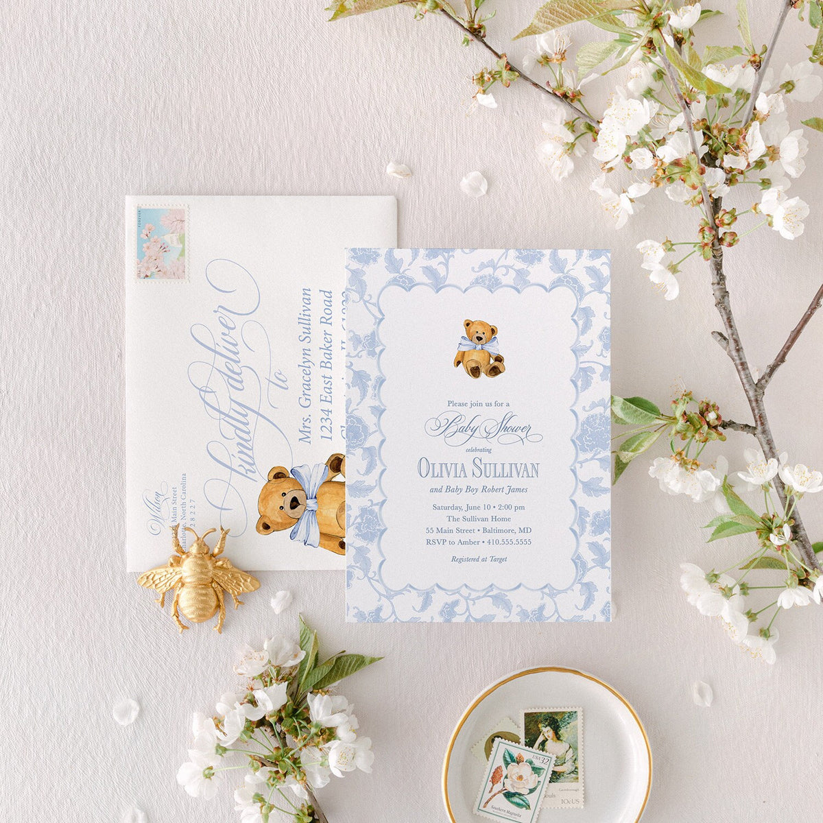 Teddy Bear Baby Shower Invitation: Blue Toile, Classic Design printed invitation