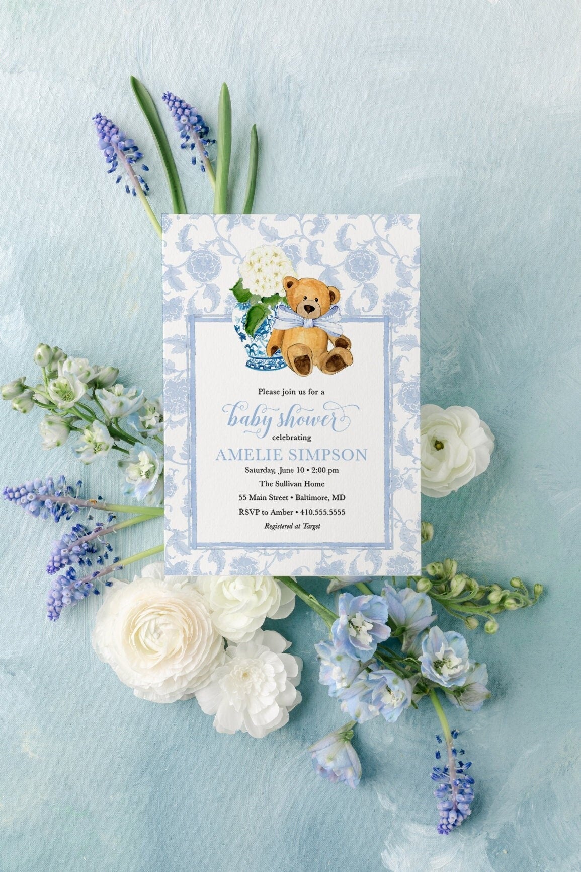 Teddy bear blue chinoiserie floral printed baby shower invitations