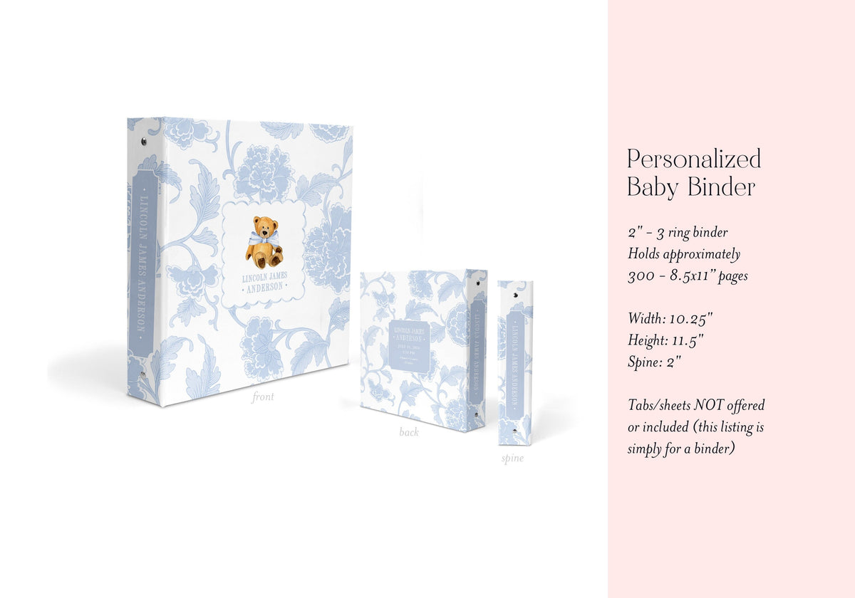 Teddy bear blue toile personalized baby book binder