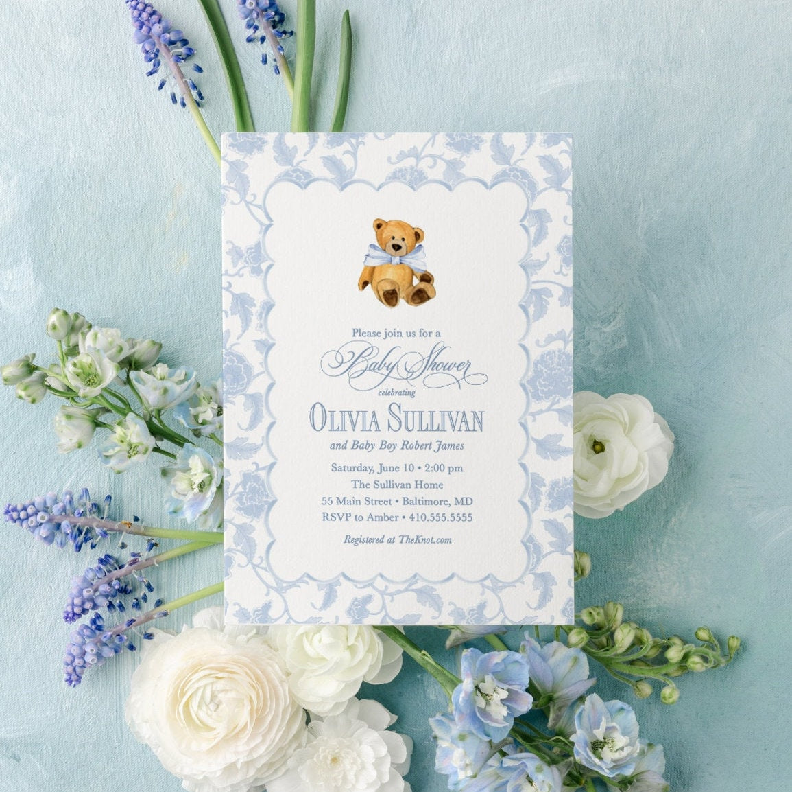 Teddy bear blue toile digital baby shower invitation