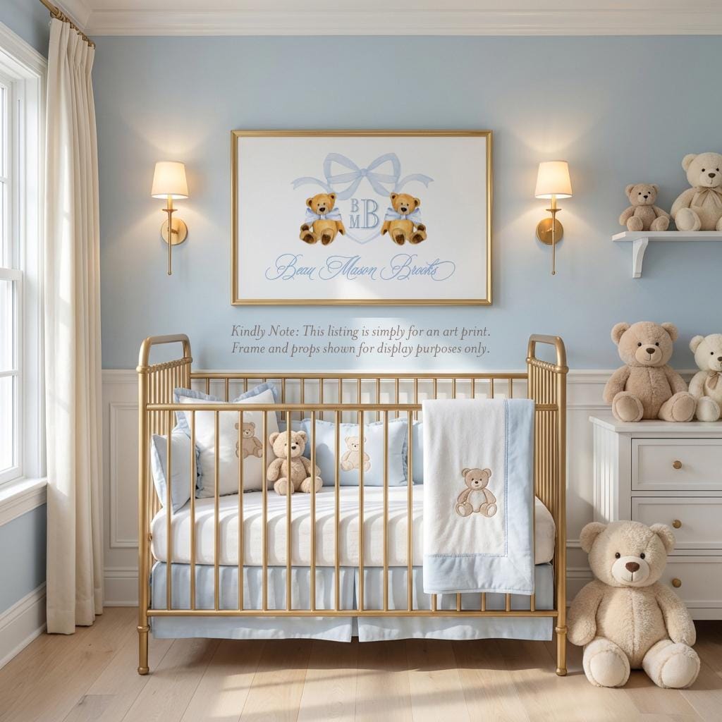 Teddy Bear Monogram Nursery Art: Baby Boy Room Decor - image 1