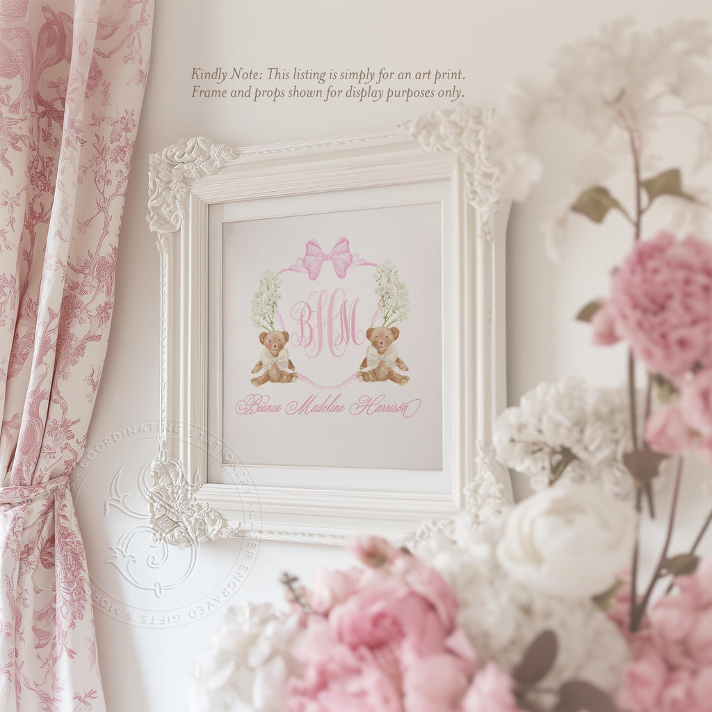 Teddy Bear Monogram Nursery Art: Baby Girl Room Decor - image 2