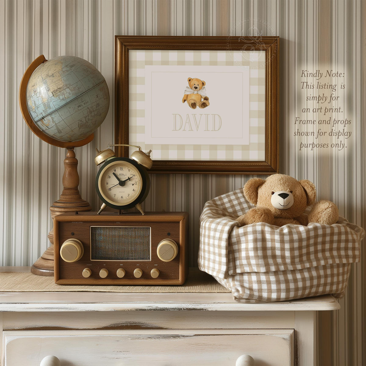 Teddy Bear Name Print: Beige Nursery Decor, Personalized Baby Boy Art - image 1